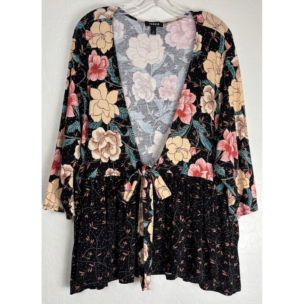 Torrid Floral Tie Front Peplum Cardigan Kimono Top Black Pink Size 4X 2418